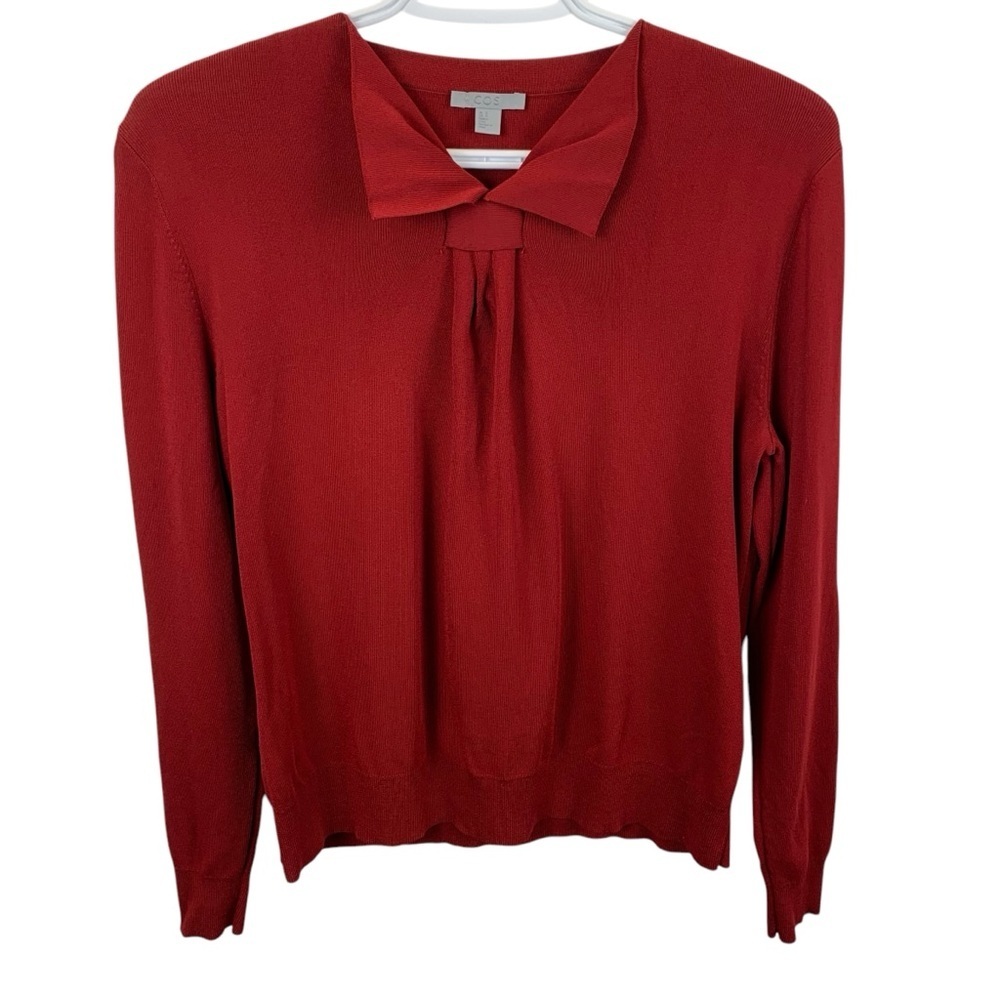 COS Cherry Red Sweater Long Sleeve Gathered Bow Neck Collar Detail Stretch Small